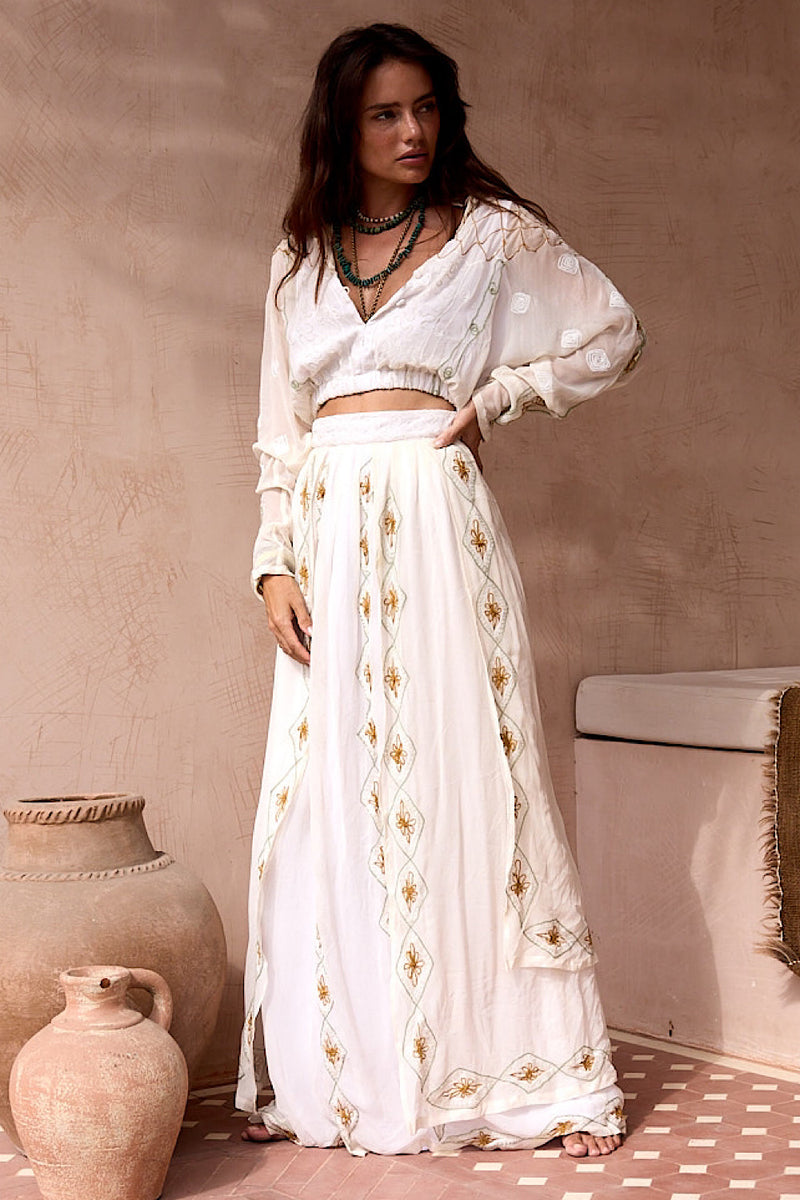 A Woman in Love Silk Embroidered Maxi Skirt - Chasing Unicorns