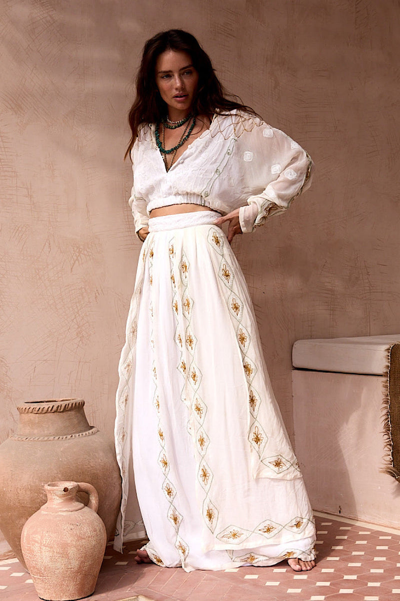 A Woman in Love Silk Embroidered Maxi Skirt - Chasing Unicorns