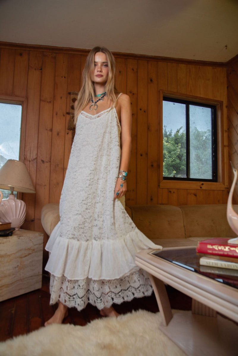 Amongst The Leaves Lace Maxi Slip Dress - Snow - Chasing Unicorns
