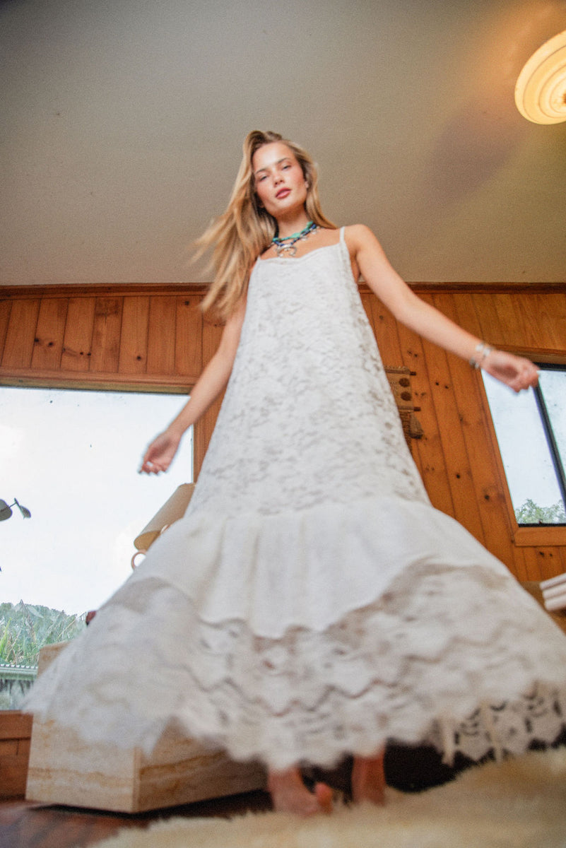 Amongst The Leaves Lace Maxi Slip Dress - Snow - Chasing Unicorns