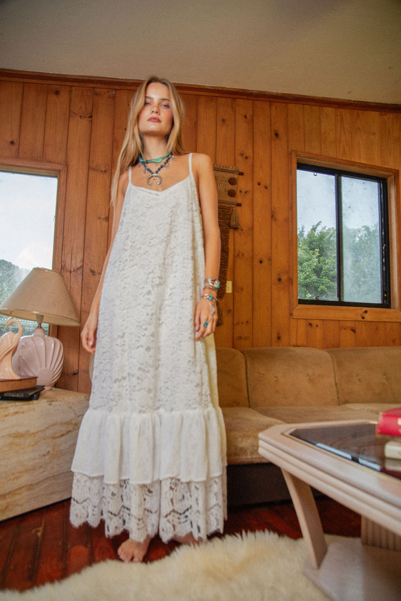 Amongst The Leaves Lace Maxi Slip Dress - Snow - Chasing Unicorns