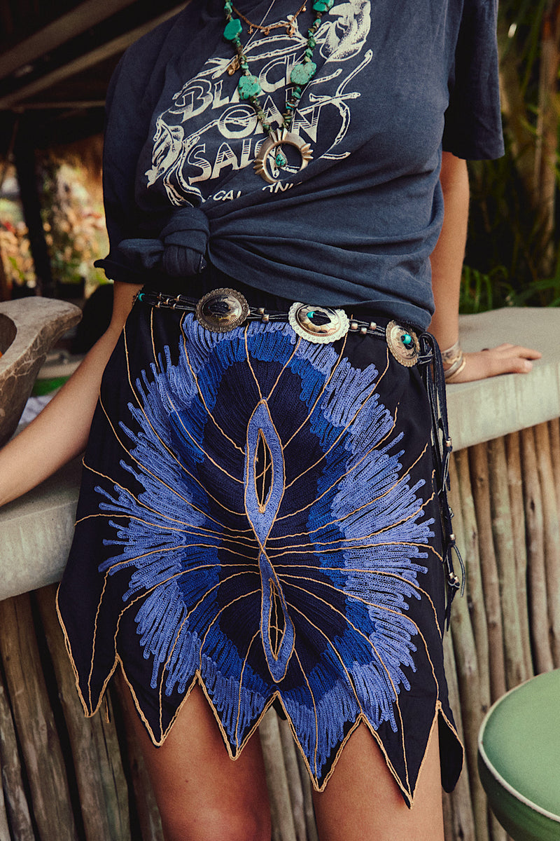 Butterfly Silk Crepe Embroidered Mini Skirt - Chasing Unicorns