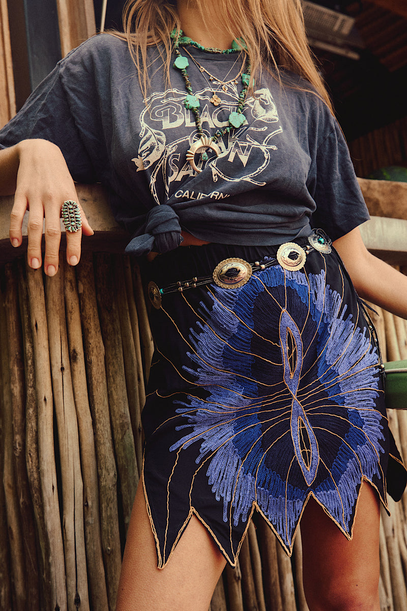 Butterfly Silk Crepe Embroidered Mini Skirt - Chasing Unicorns