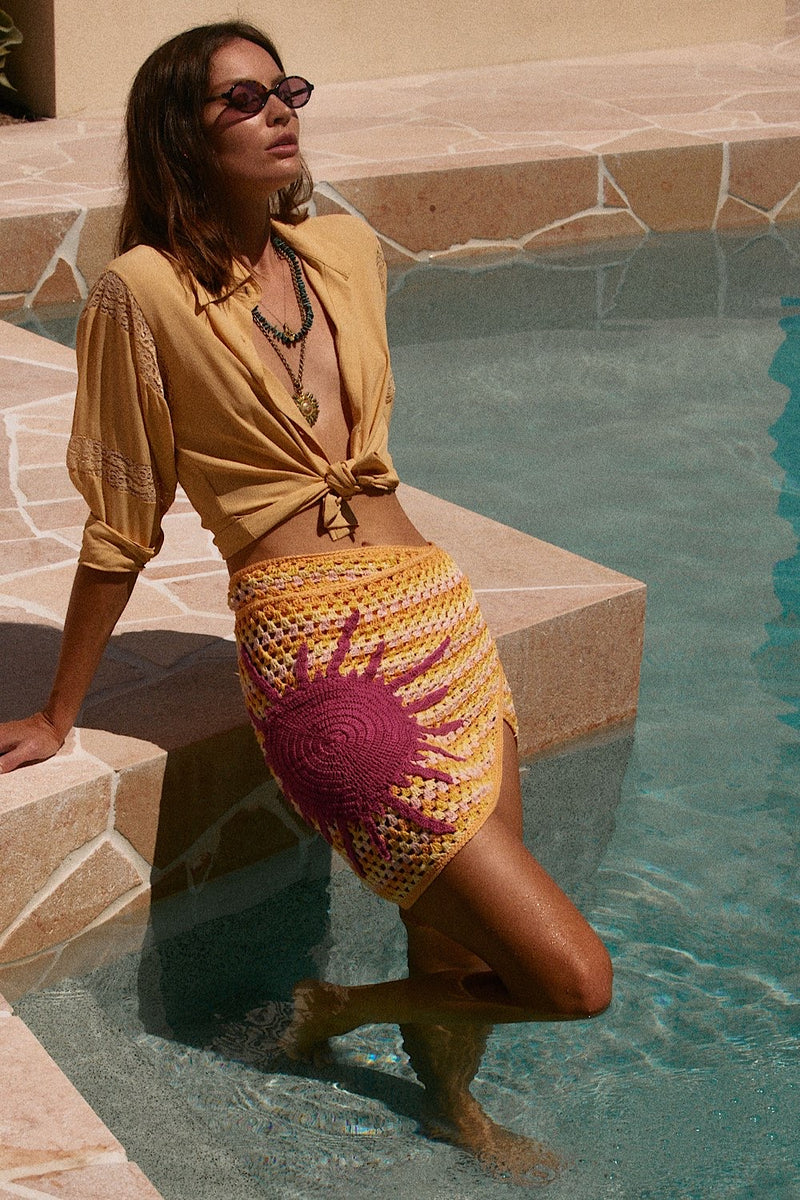 Cover Me In Sunshine Appliqué Sun Crochet Wrap Skirt - Chasing Unicorns