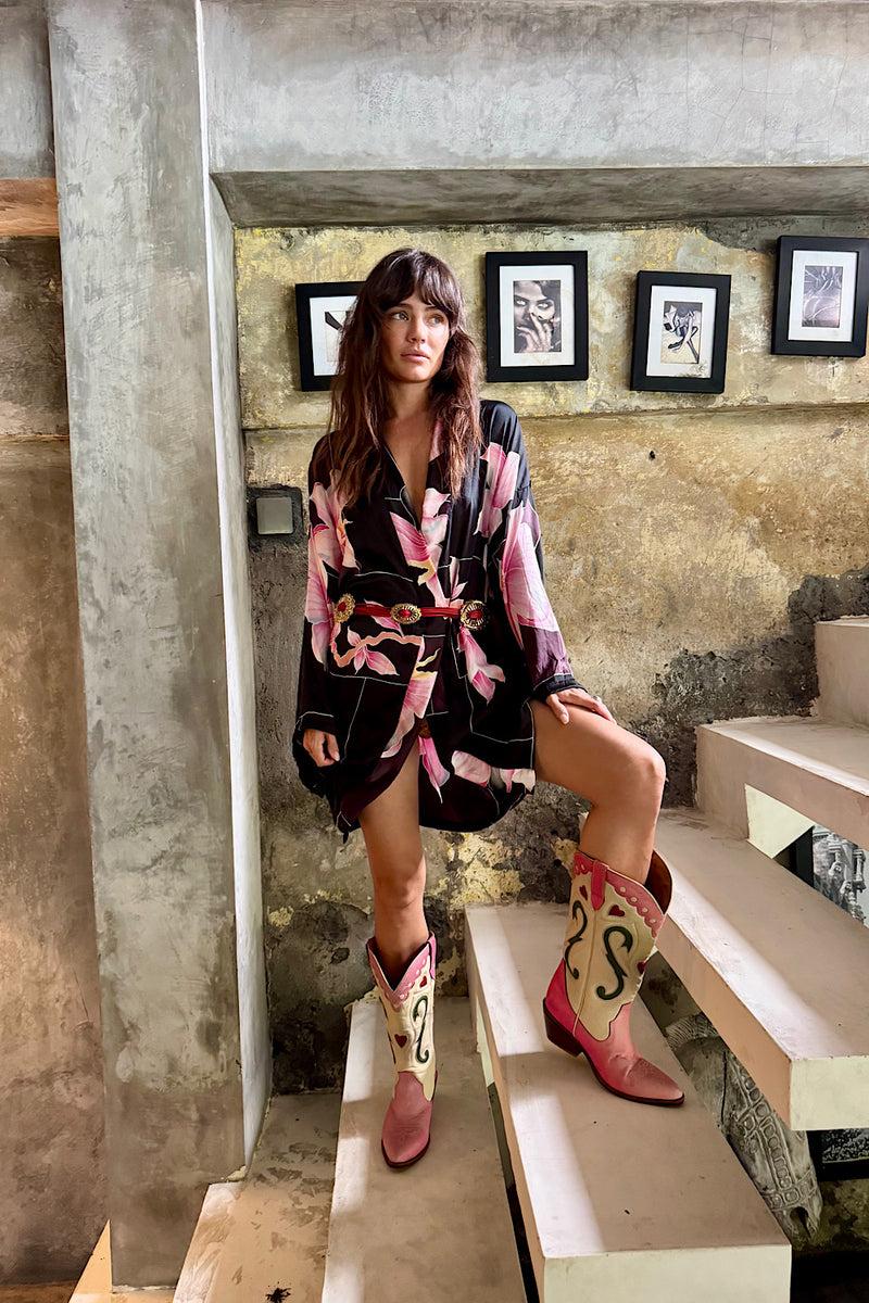 Desert Rose Hand Painted Floral Silk Crepe Kimono - Chasing Unicorns