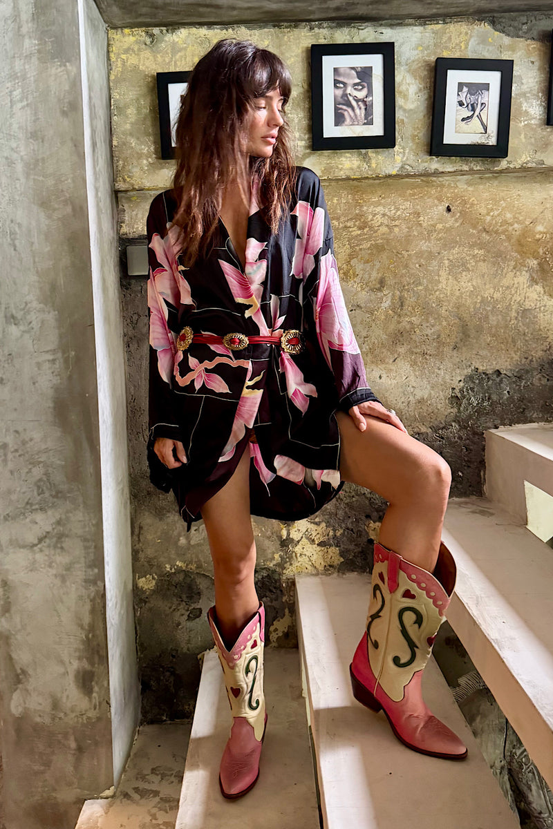 Desert Rose Hand Painted Floral Silk Crepe Kimono - Chasing Unicorns