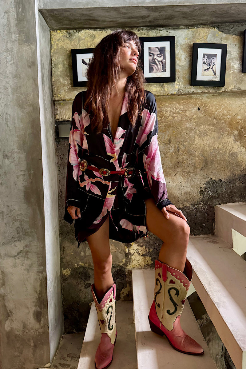 Desert Rose Hand Painted Floral Silk Crepe Kimono - Chasing Unicorns