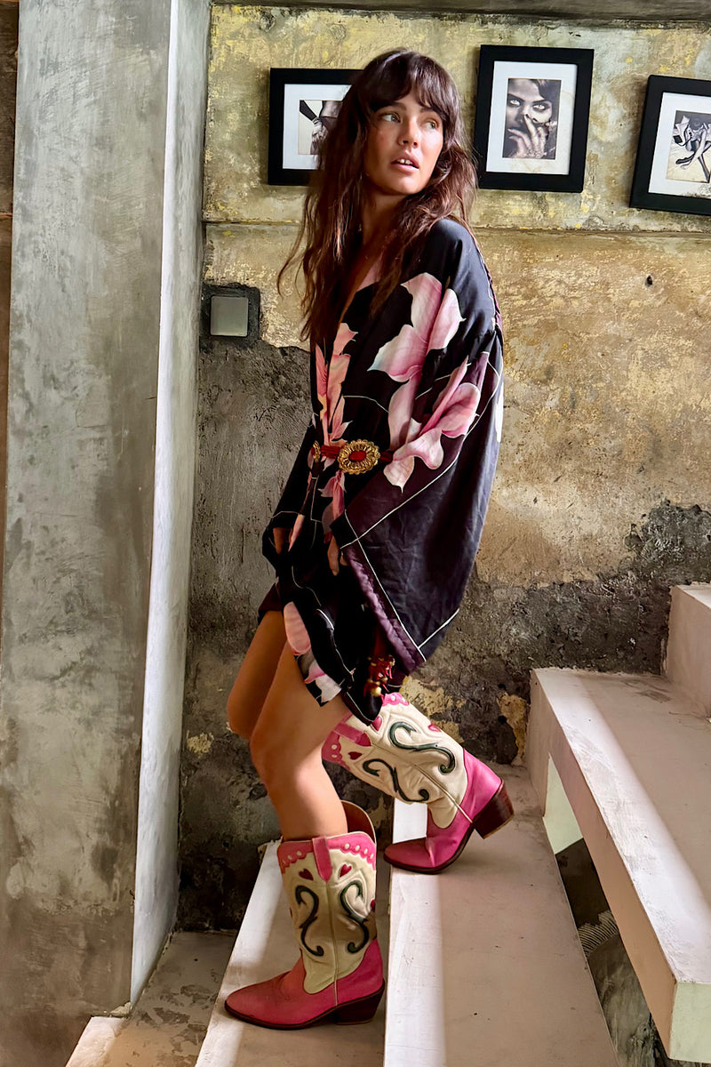 Desert Rose Hand Painted Floral Silk Crepe Kimono - Chasing Unicorns