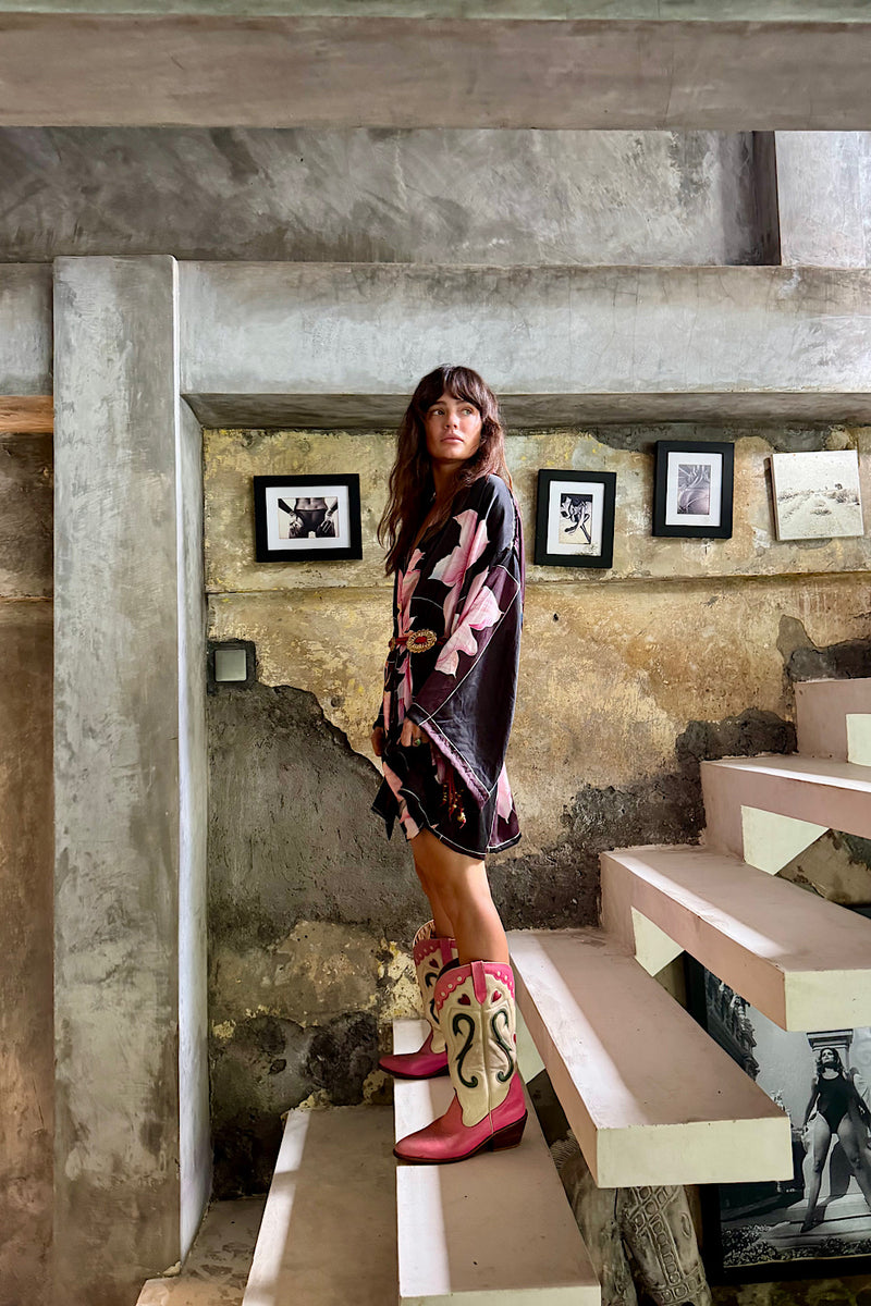 Desert Rose Hand Painted Floral Silk Crepe Kimono - Chasing Unicorns