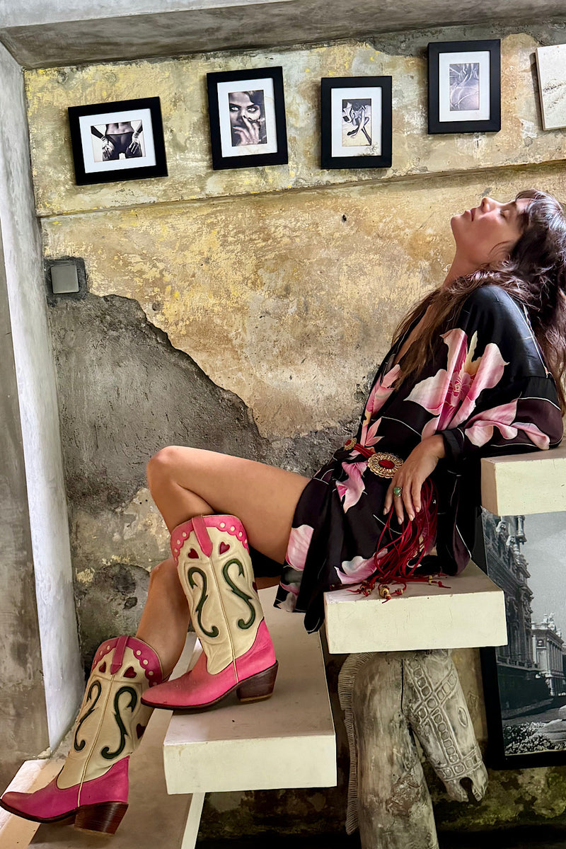 Desert Rose Hand Painted Floral Silk Crepe Kimono - Chasing Unicorns