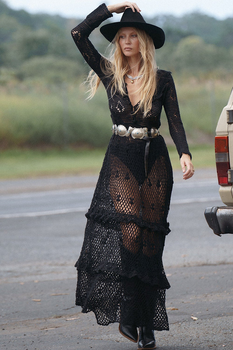 Fire On The Mountain Crochet Ruffle Maxi Dress - Black - Chasing Unicorns