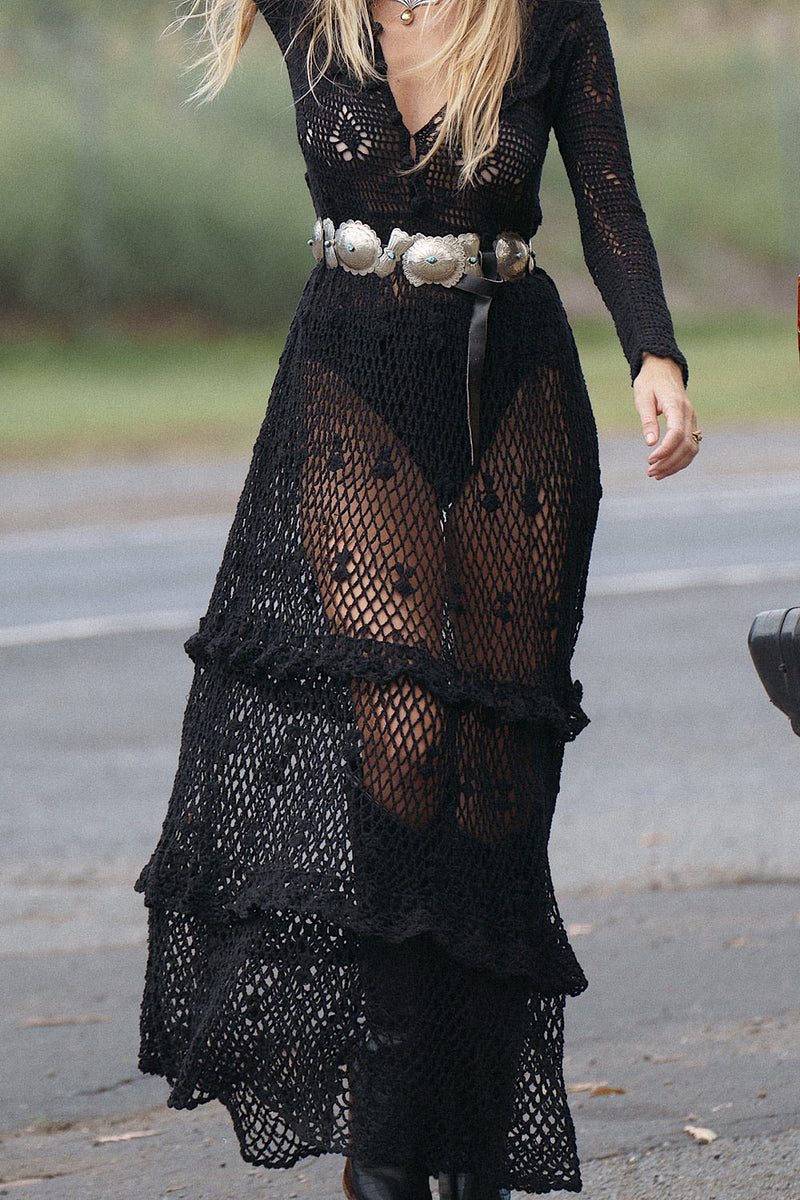 Fire On The Mountain Crochet Ruffle Maxi Dress - Black - Chasing Unicorns