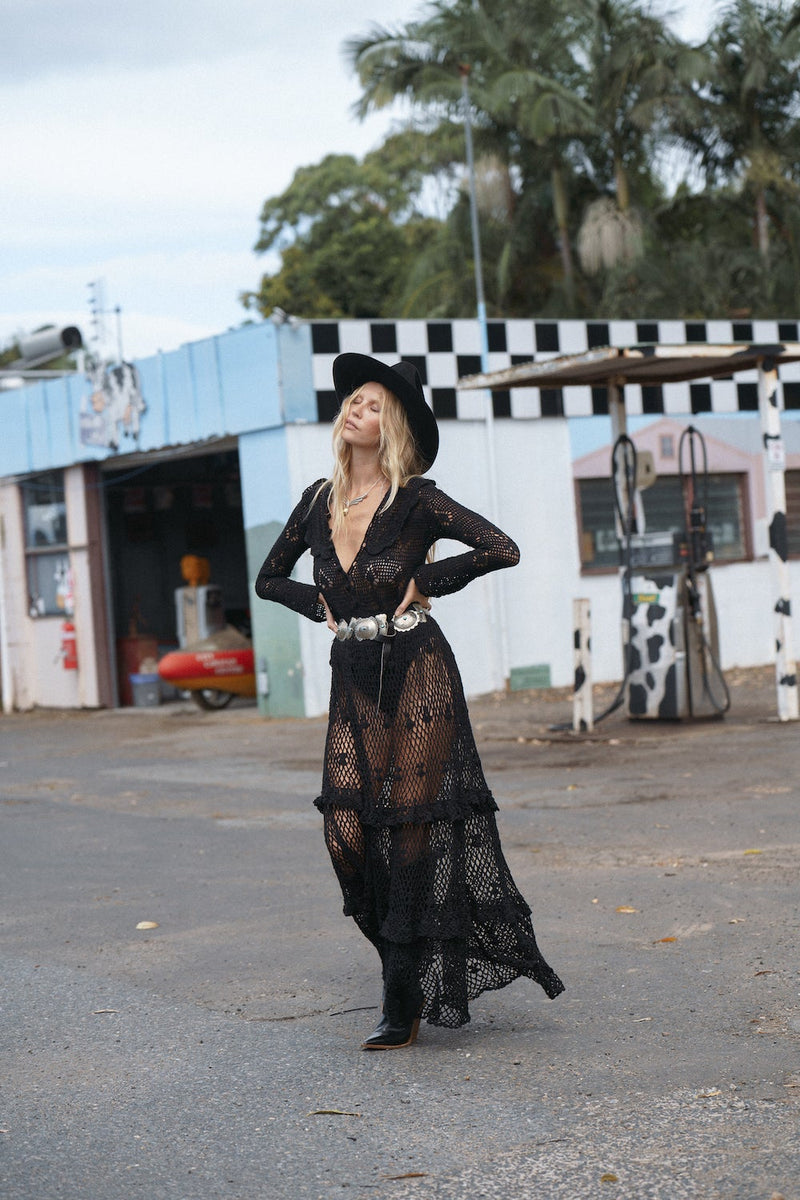 Fire On The Mountain Crochet Ruffle Maxi Dress - Black - Chasing Unicorns