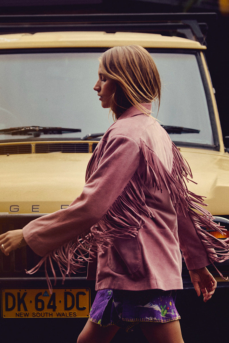 I'm Your Baby Tonight Suede Fringe Jacket - Pink - Chasing Unicorns