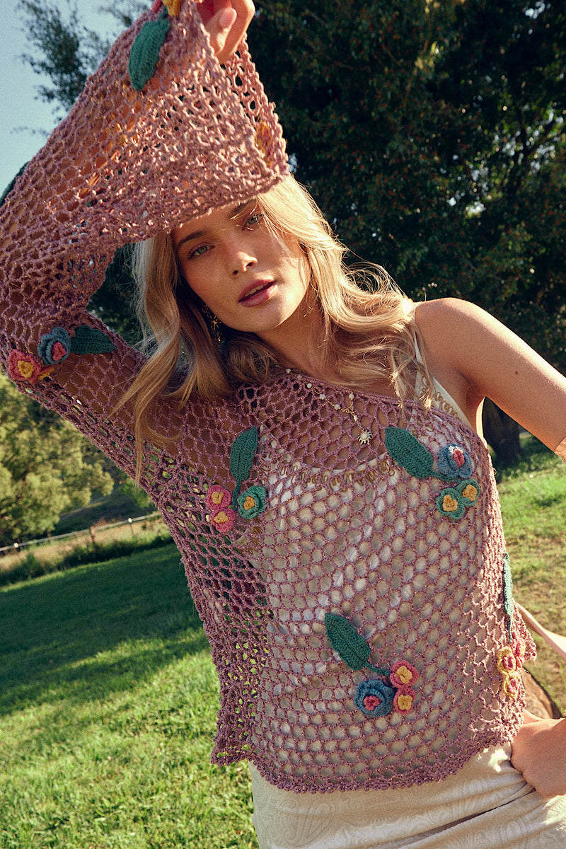 If You Had My Love Floral Appliqué One Shoulder Crochet Top - Chasing Unicorns