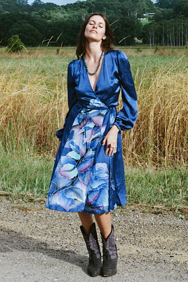 Just Like Paradise Silk Hand Painted Wrap Midi Dress - Chasing Unicorns