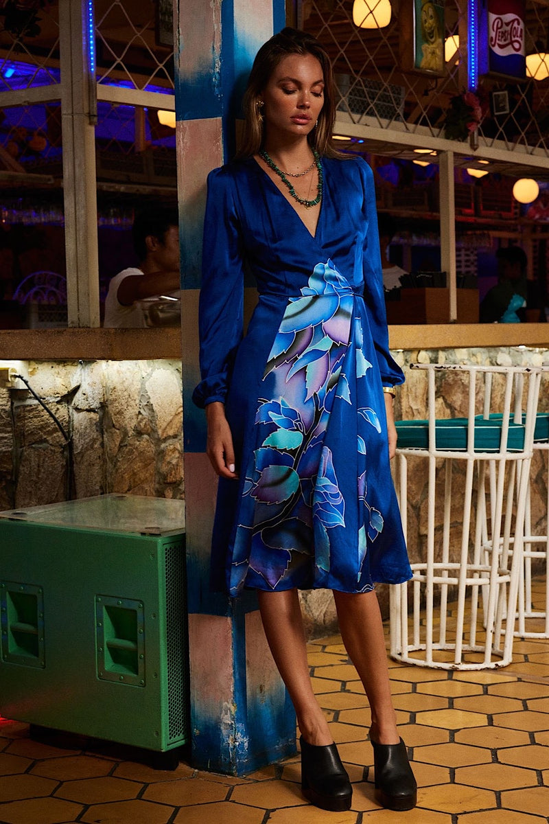 Just Like Paradise Silk Hand Painted Wrap Midi Dress - Chasing Unicorns