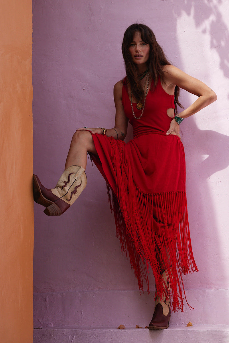 Libertango Cotton Jersey, Cotton Gauze + Fringe Maxi Dress - Scarlet - Chasing Unicorns