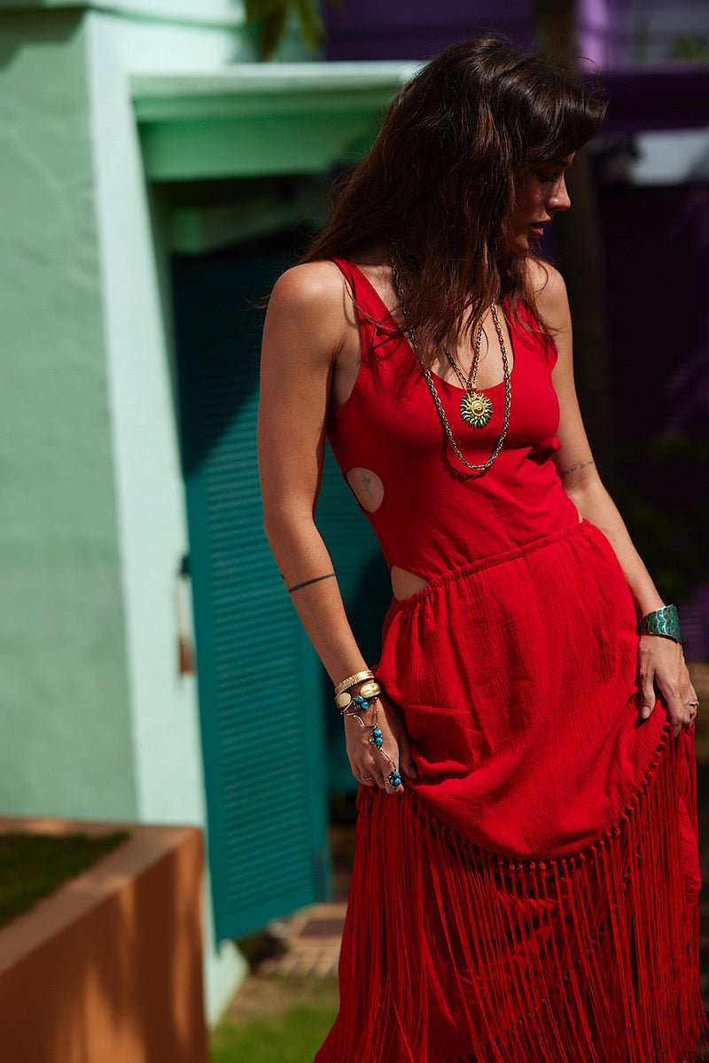 Libertango Cotton Jersey, Cotton Gauze + Fringe Maxi Dress - Scarlet - Chasing Unicorns