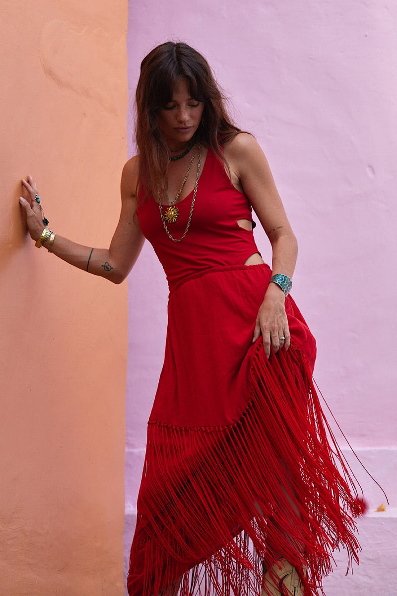Libertango Cotton Jersey, Cotton Gauze + Fringe Maxi Dress - Scarlet - Chasing Unicorns