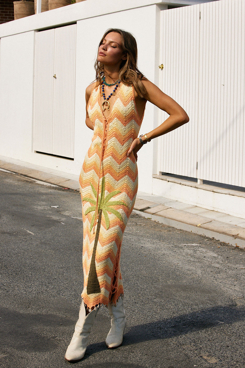 Long White Cloud Appliqué Palm Crochet Midi Dress - Chasing Unicorns