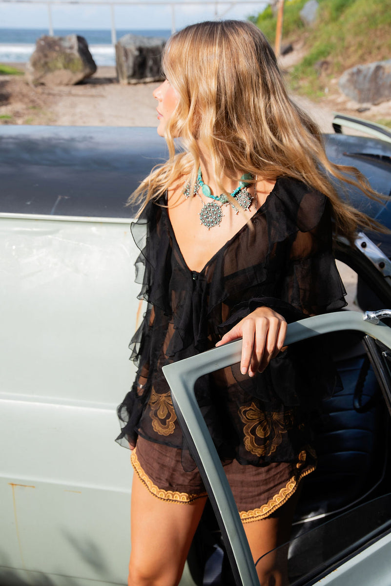 Lost in Love Silk Ruffle Blouse - Black - Chasing Unicorns