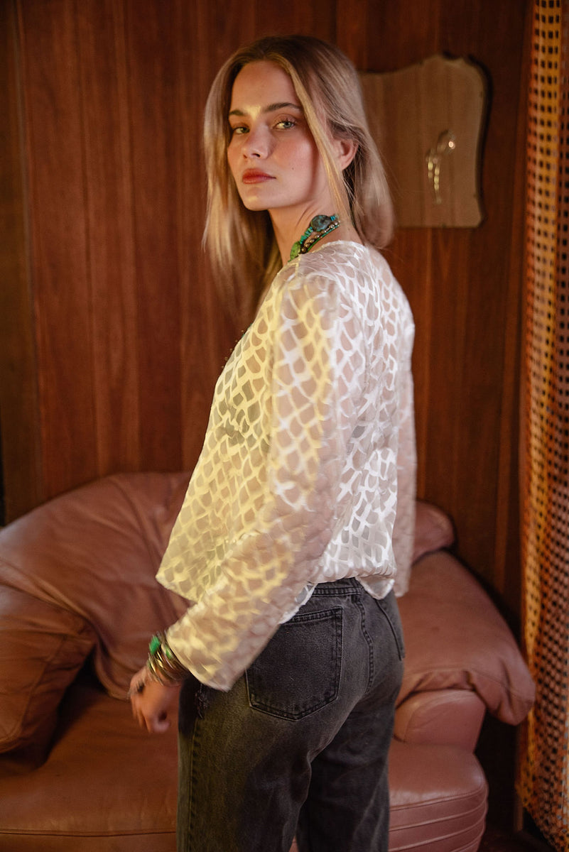 Mother of Pearl Silk Tie Blouse - Chasing Unicorns