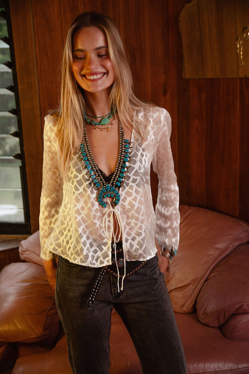 Mother of Pearl Silk Tie Blouse - Chasing Unicorns