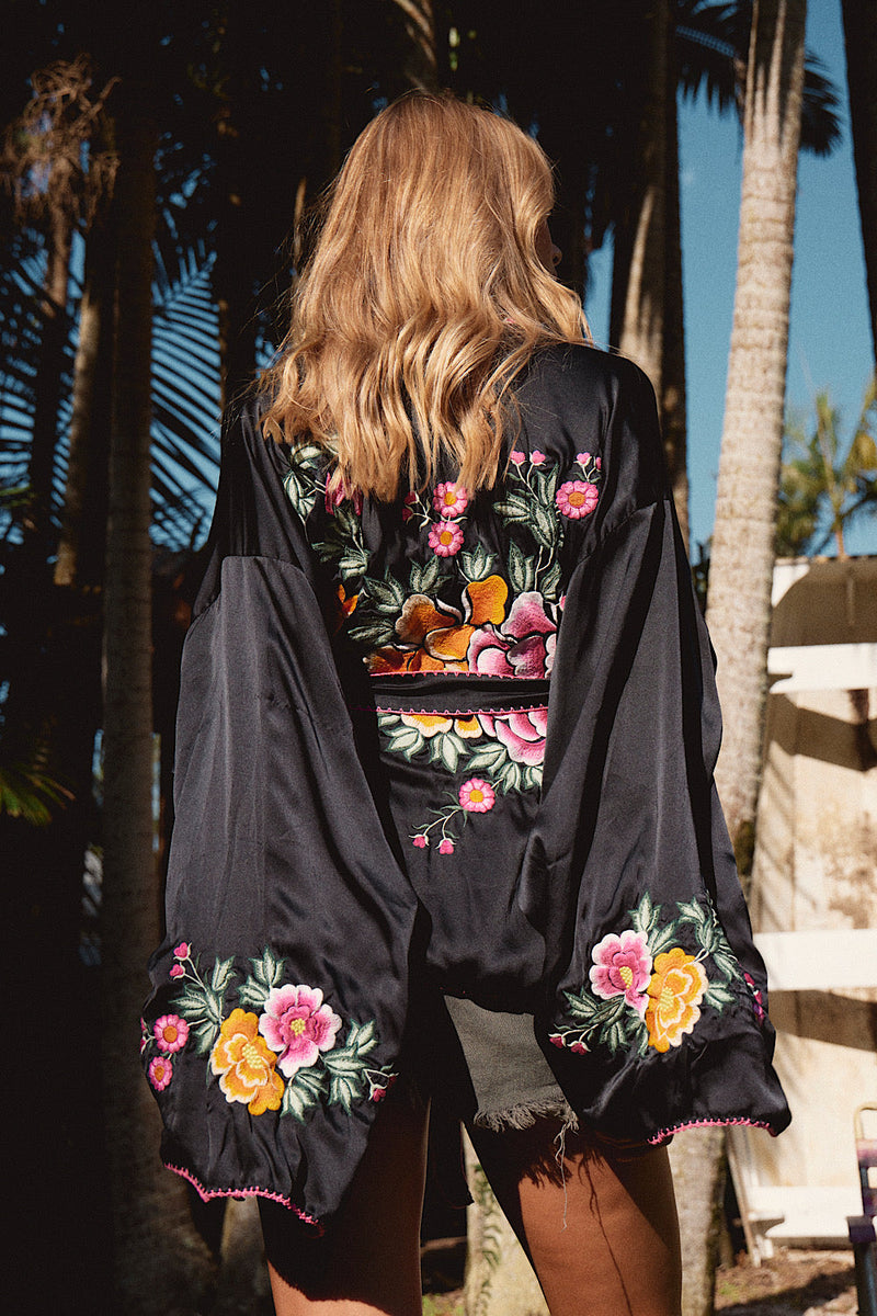 NEW Black Silk Satin Embroidered Jacket - Chasing Unicorns