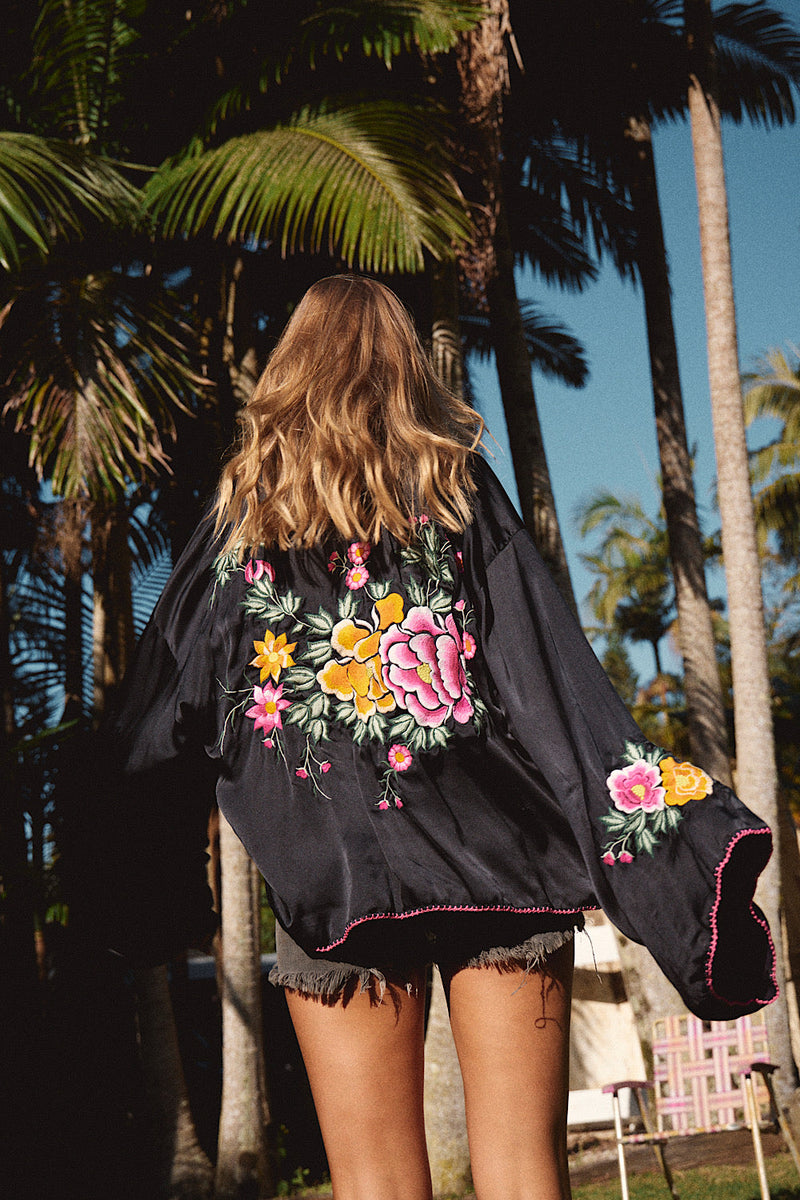 NEW Black Silk Satin Embroidered Jacket - Chasing Unicorns