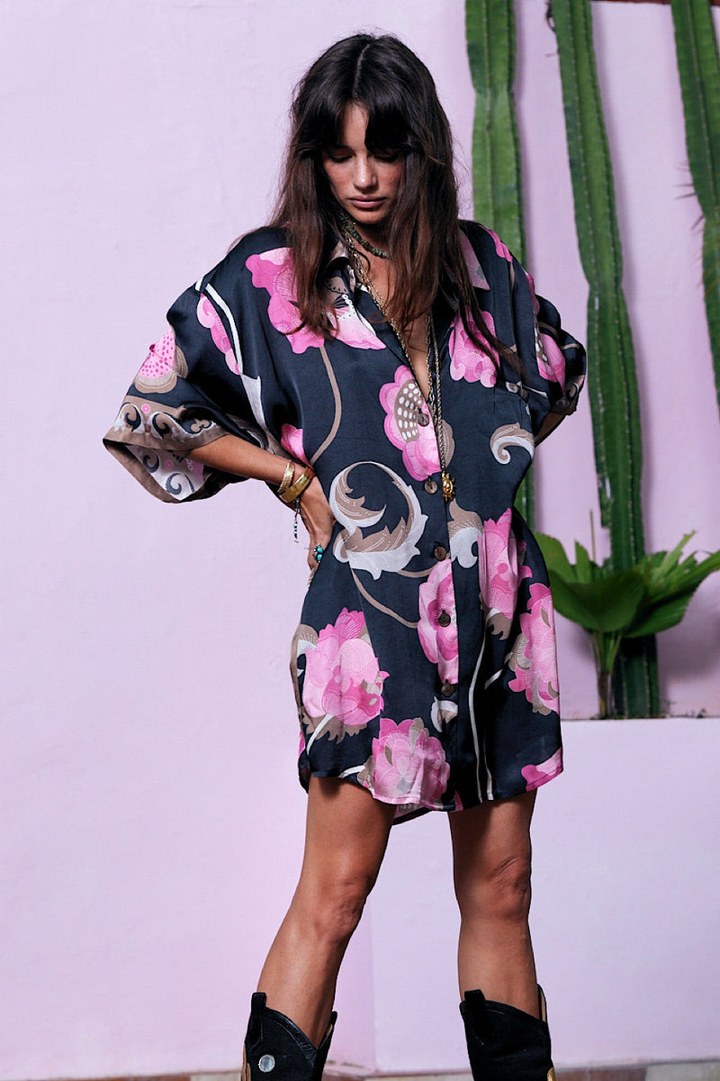 NEW Long Way Around Satin Super Oversized Shirt - Poppy - Chasing Unicorns