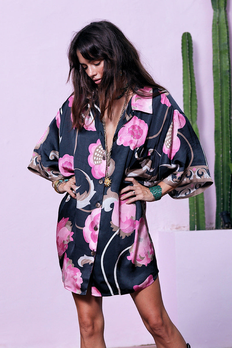 NEW Long Way Around Satin Super Oversized Shirt - Poppy - Chasing Unicorns