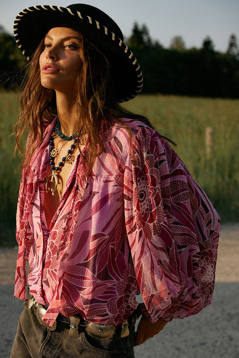 NEW Till The Morning Comes Silk Blouse - Pink Floral - Chasing Unicorns