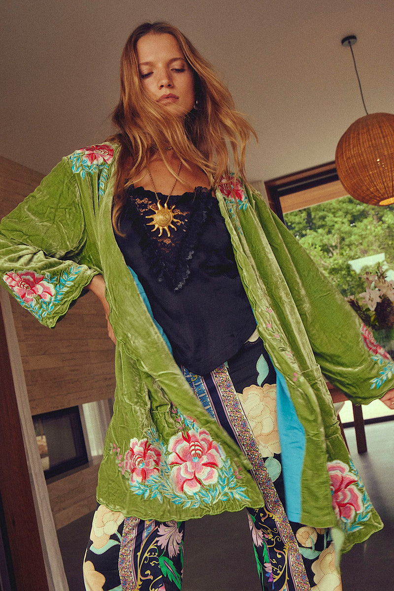 One Night In Heaven Silk Velvet And Embroidered Short Housecoat - Chasing Unicorns