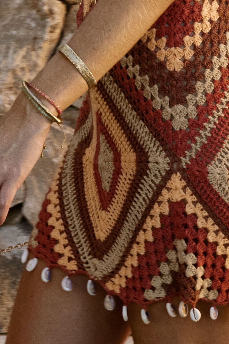 Peacekeeper Cowrie Shell Edged Crochet Mini Dress - Chasing Unicorns