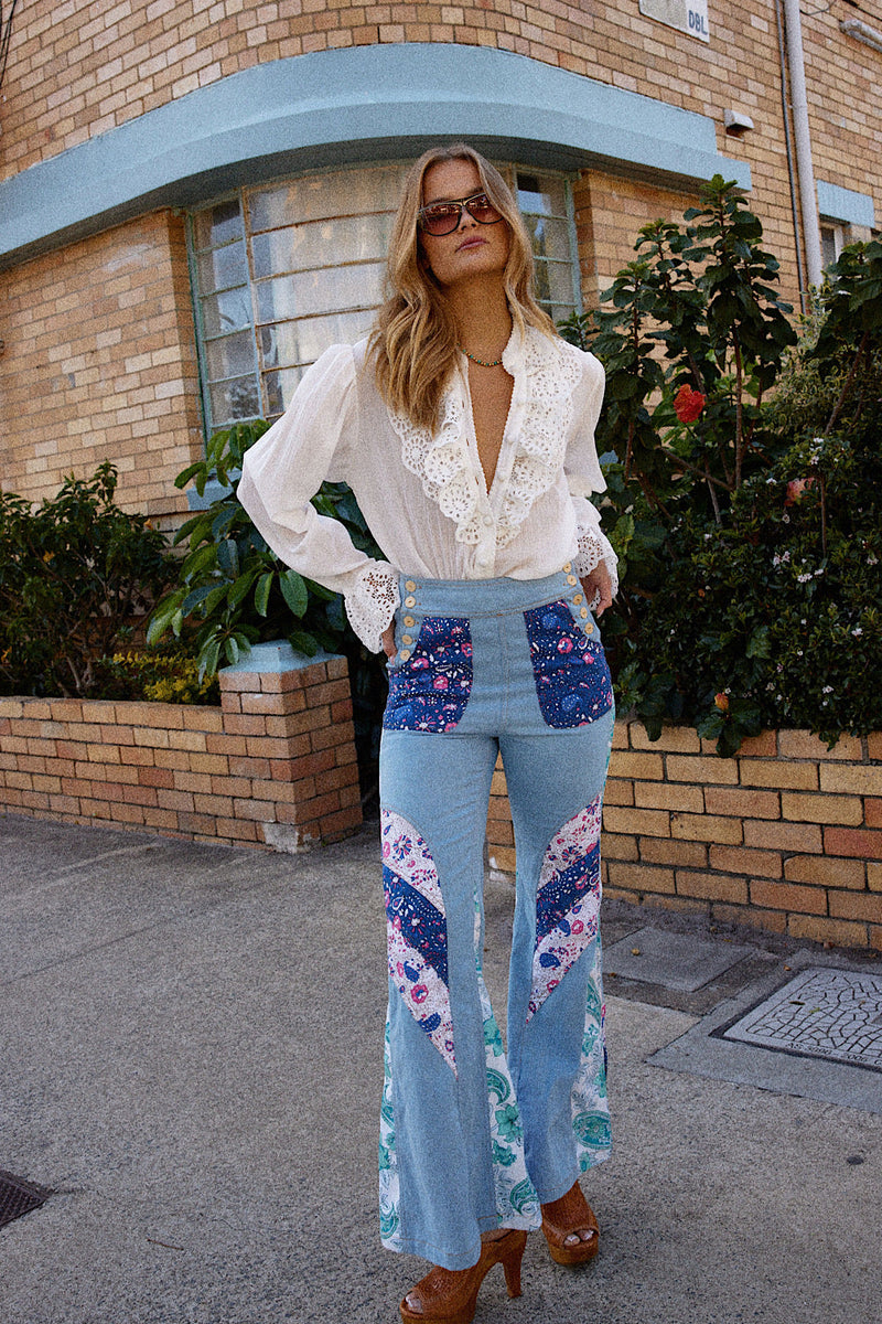 Red Hot Denim Floral Patchwork Flares - Chasing Unicorns