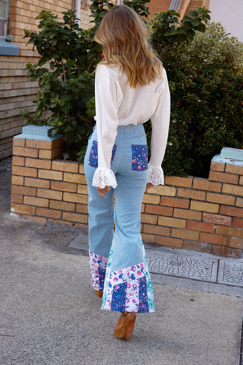 Red Hot Denim Floral Patchwork Flares - Chasing Unicorns