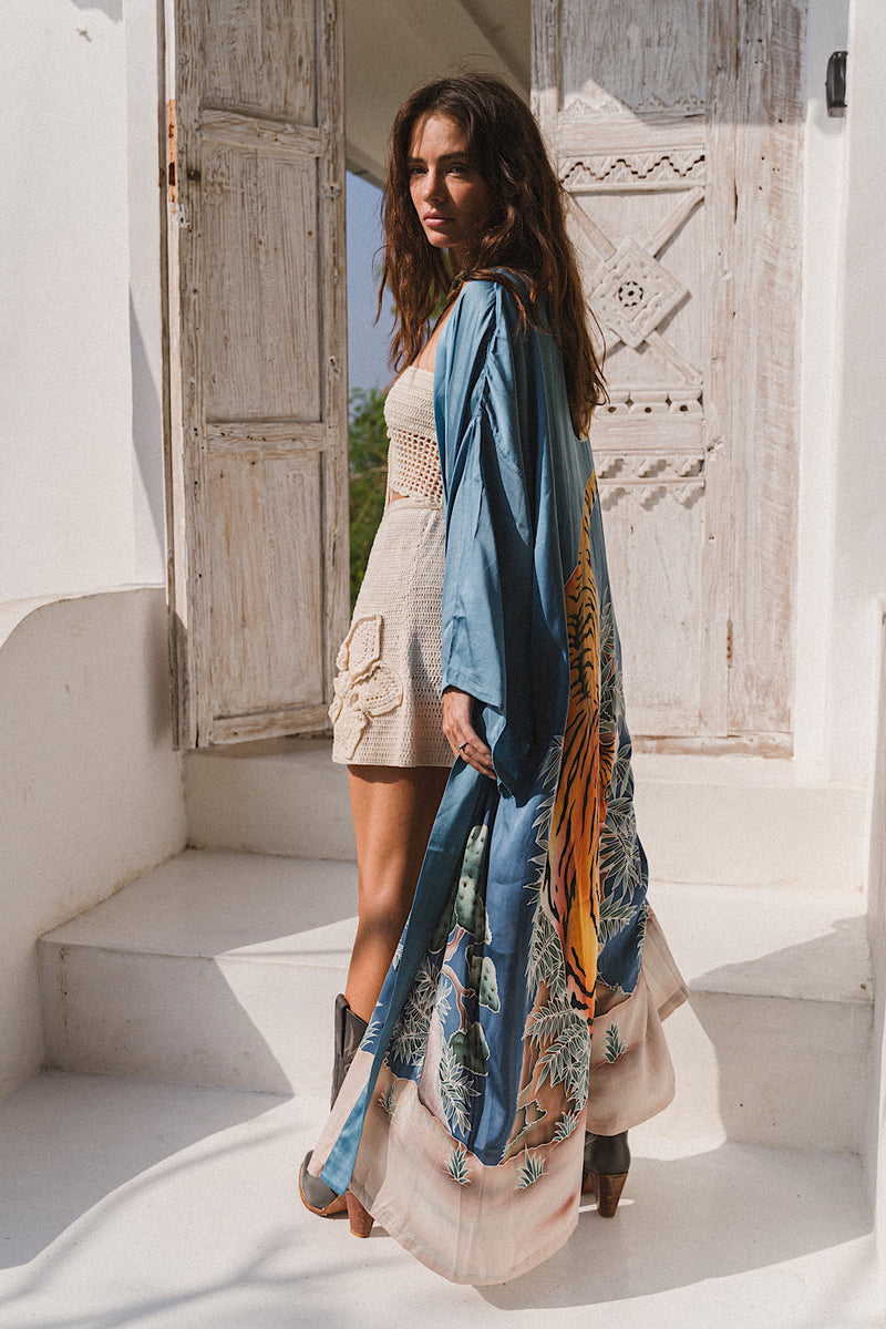 Rhythm Is A Dancer Tiger Hand Painted Silk Crepe Kimono - Chasing Unicorns