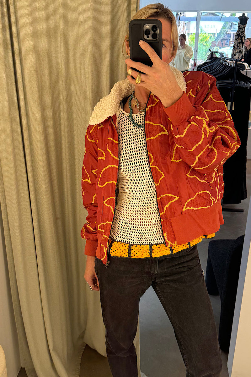 Right Here, Right Now Tapestry Bomber Jacket - Chilli - Chasing Unicorns