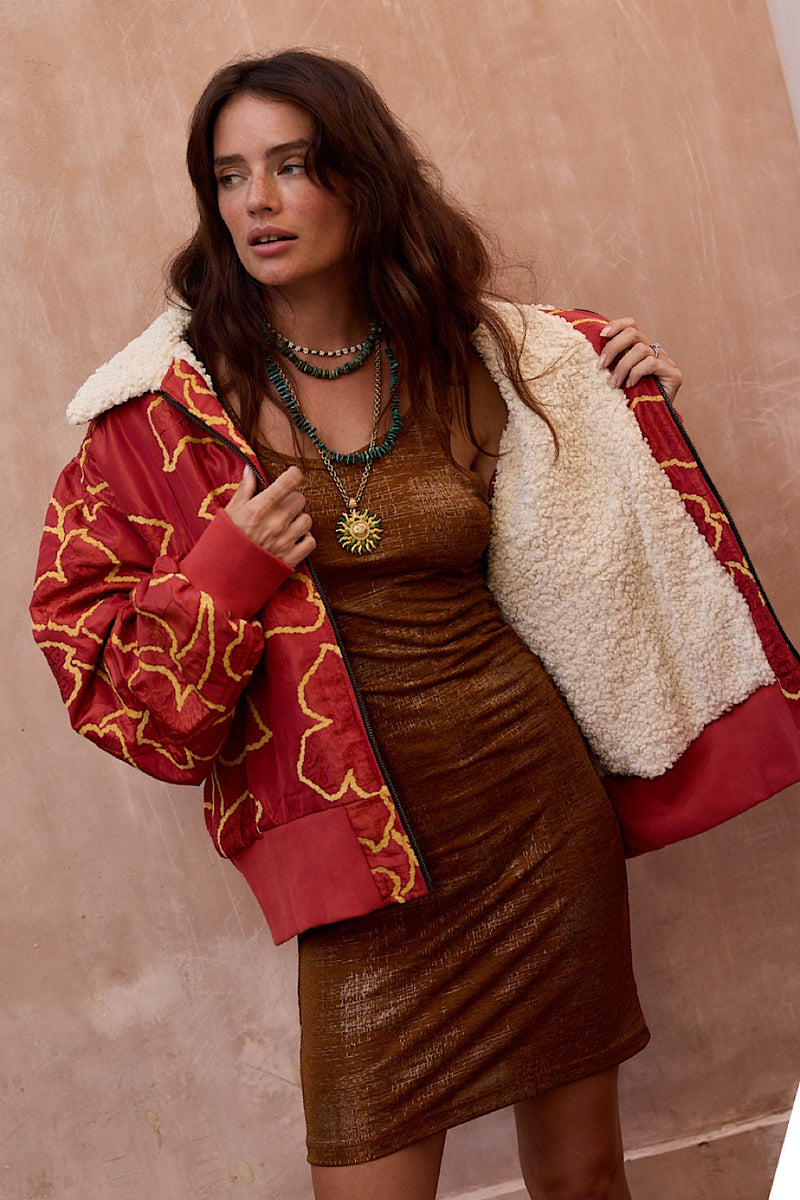 Right Here, Right Now Tapestry Bomber Jacket - Chilli - Chasing Unicorns