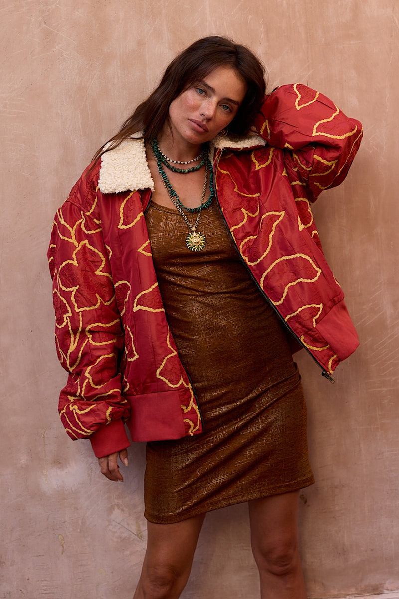 Right Here, Right Now Tapestry Bomber Jacket - Chilli - Chasing Unicorns