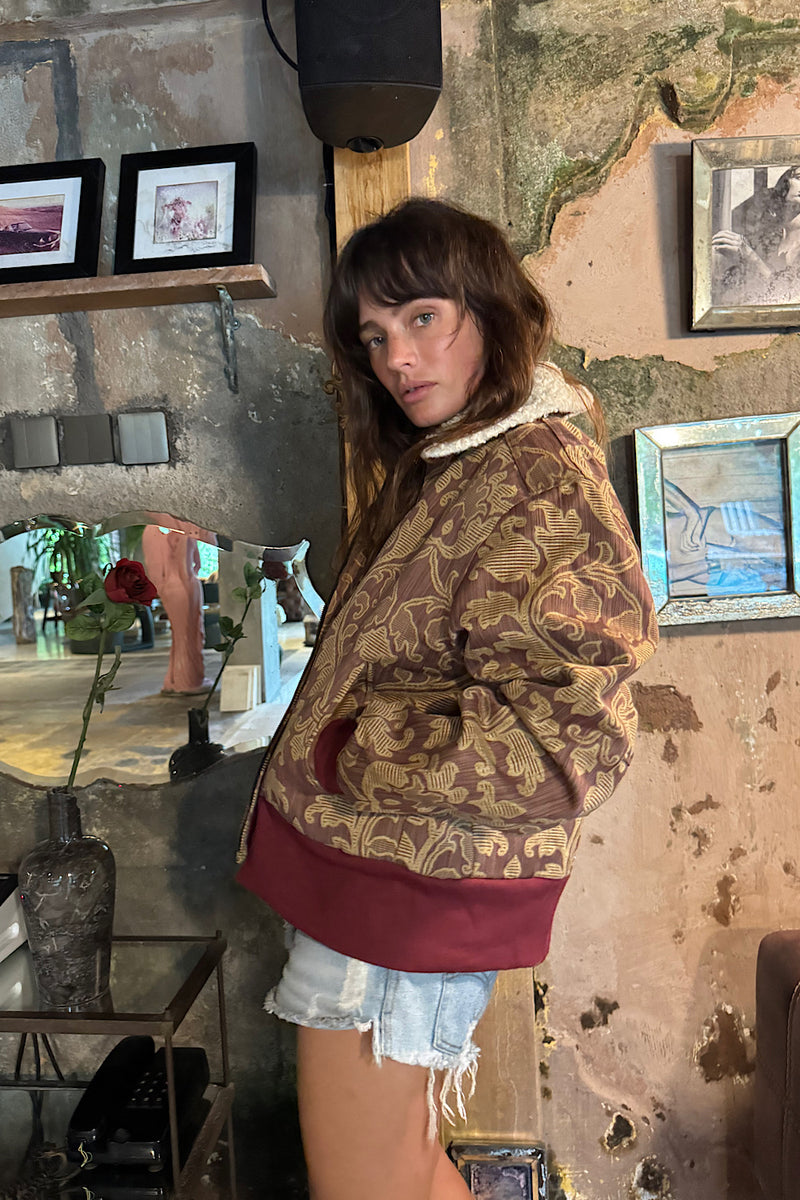 Right Here, Right Now Tapestry Bomber Jacket - Maroon - Chasing Unicorns