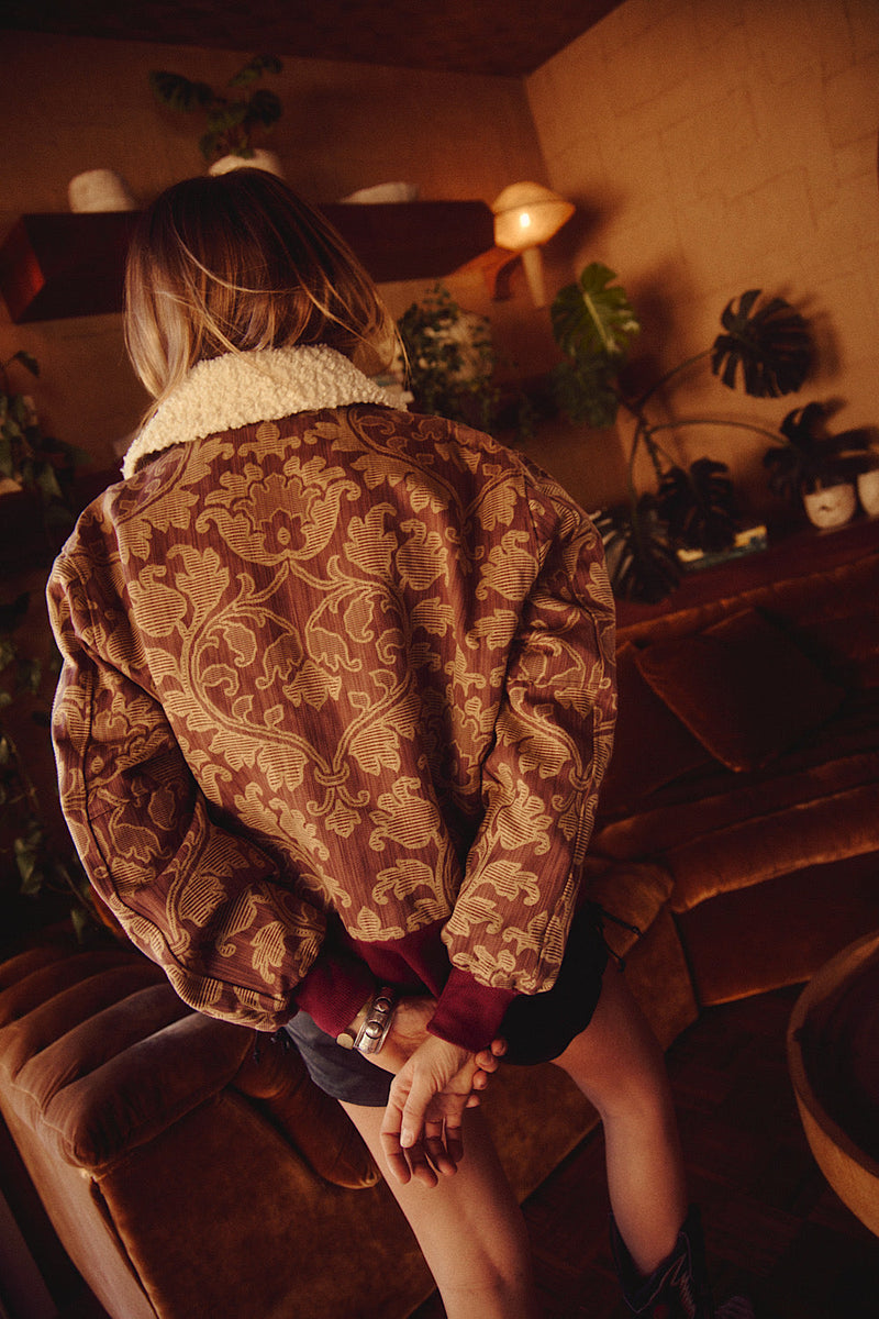 Right Here, Right Now Tapestry Bomber Jacket - Maroon - Chasing Unicorns