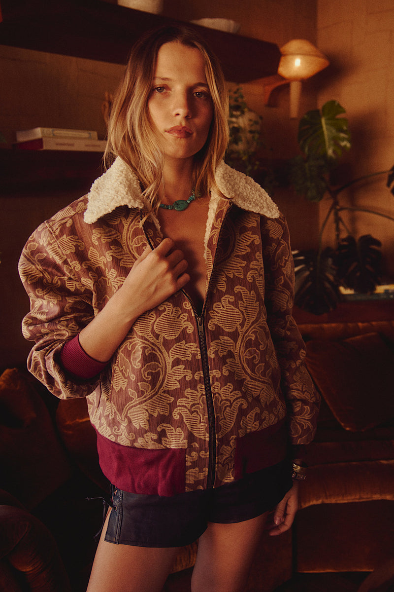 Right Here, Right Now Tapestry Bomber Jacket - Maroon - Chasing Unicorns