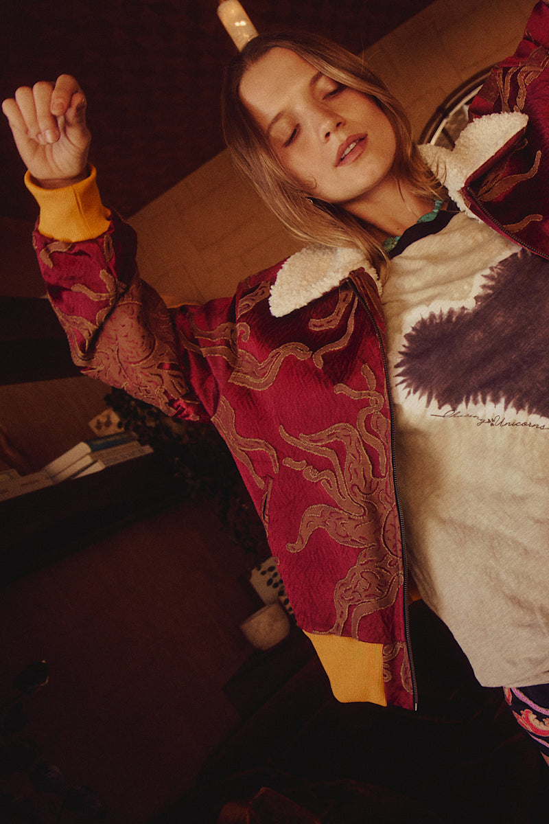 Right Here, Right Now Tapestry Bomber Jacket - Red Sun - Chasing Unicorns