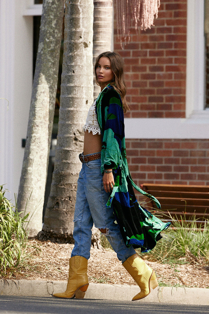 Roadhouse Blues Velvet Housecoat - Aqua Bold Floral - Chasing Unicorns