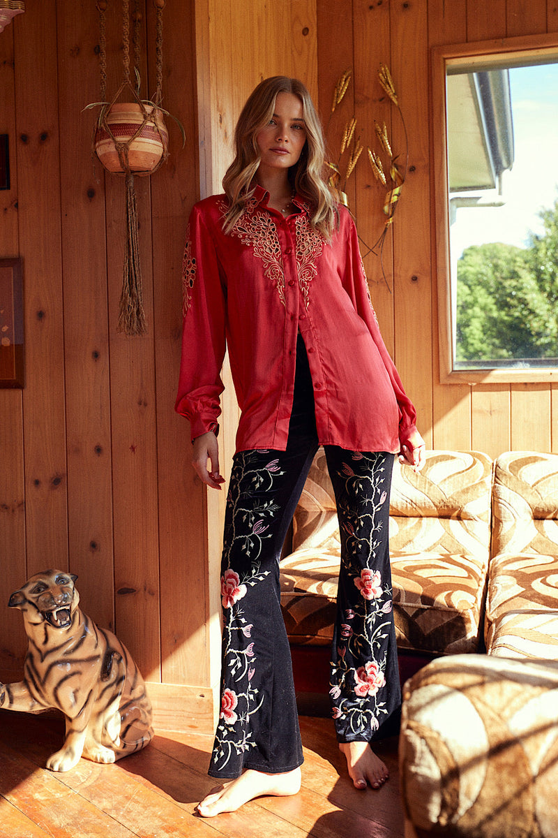 Since You'Ve Been Gone Embroidered Stretch Velvet Flares - Chasing Unicorns