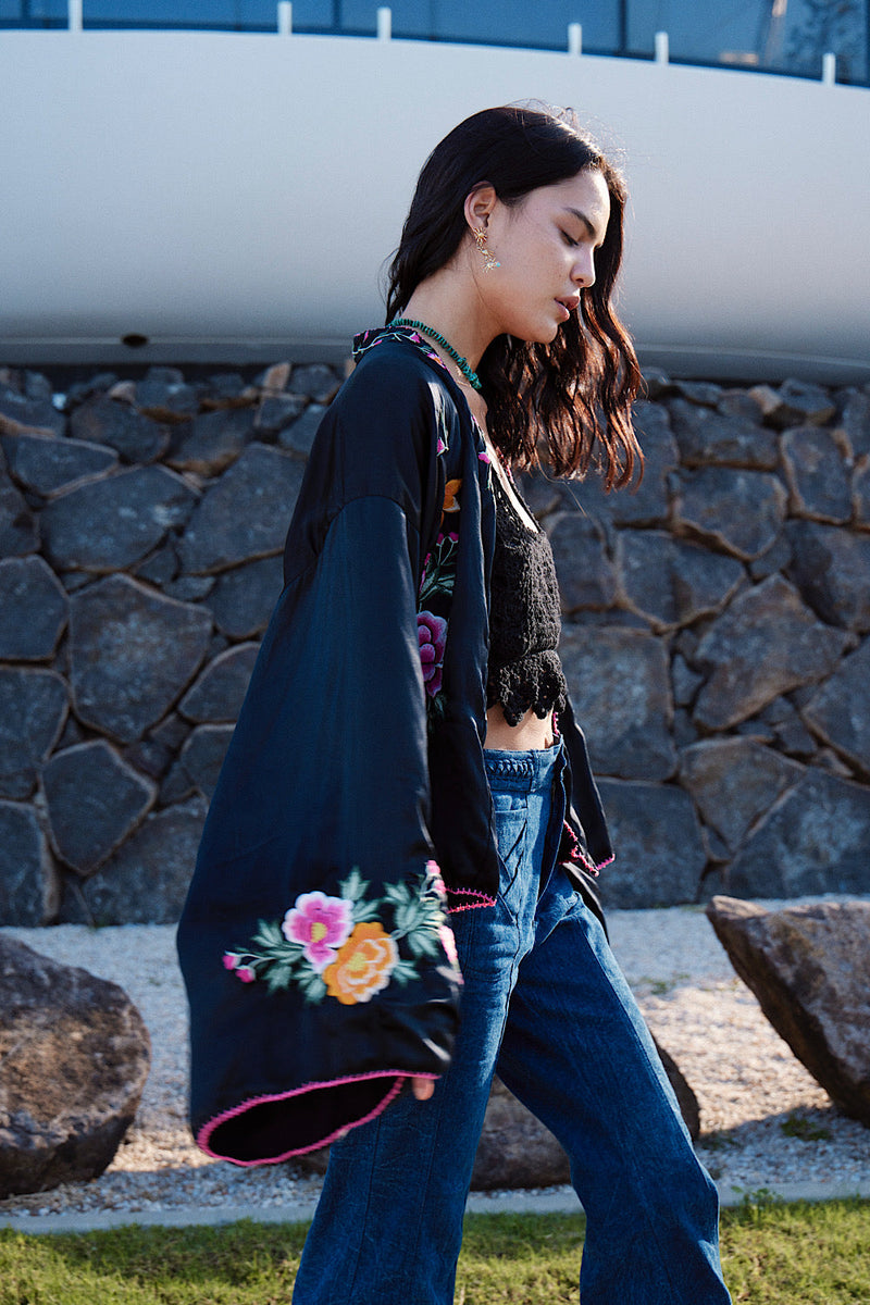 Someday Never Comes Black Silk Satin Embroidered Jacket - Chasing Unicorns