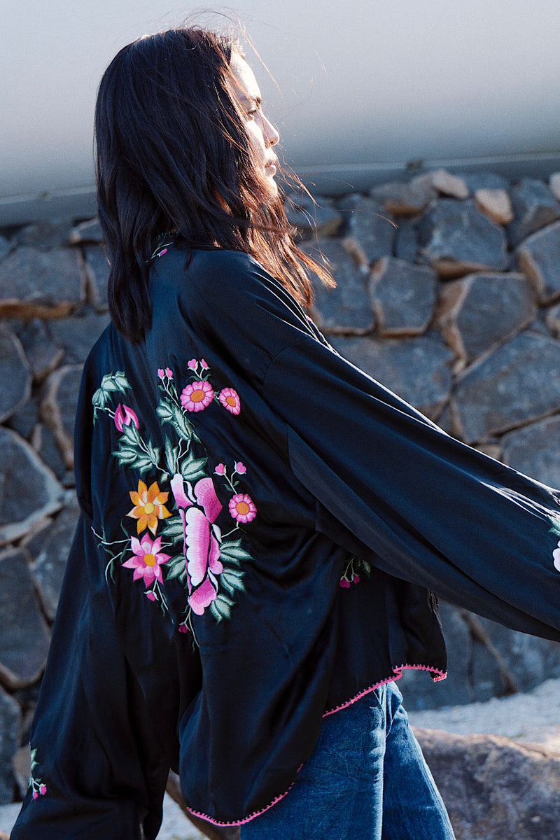 Someday Never Comes Black Silk Satin Embroidered Jacket - Chasing Unicorns