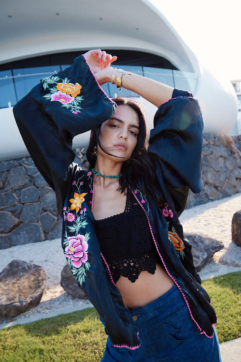 Someday Never Comes Black Silk Satin Embroidered Jacket - Chasing Unicorns